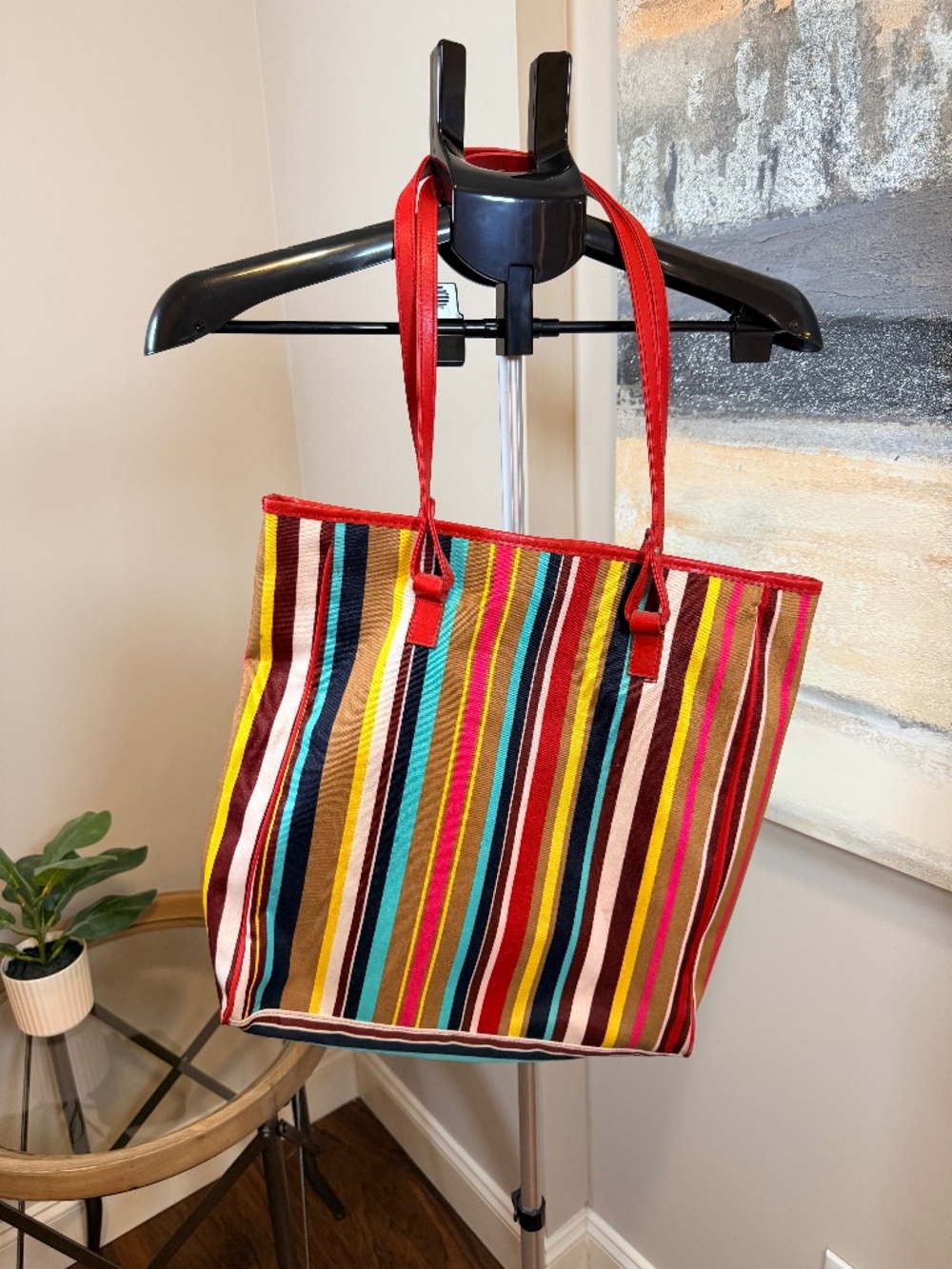 Lancôme Colorful Striped Tote Bag Red Handles Large Canvas Shoulder Bag Multicol